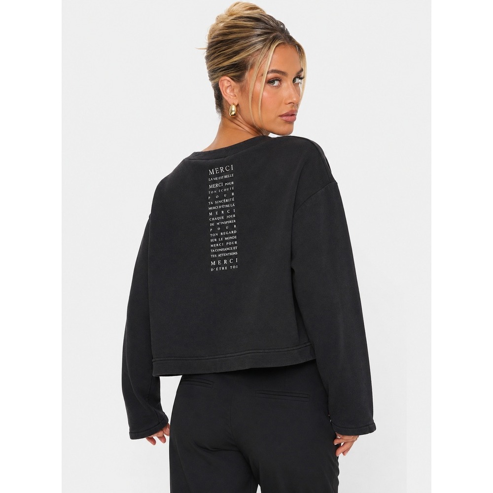 Sarah Pacini Black Cotton Boxy Oversized Cropped Sweatshirt Graphic Italy 2 M